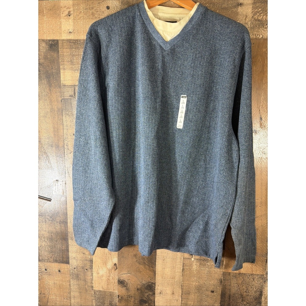 Haggar Men's Textured Long Sleeve V-Neck Shirt Sweater Size Large Blue